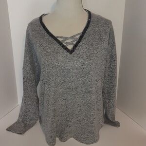 Jennifer Lopez JLO Gray Pullover Sweater with Lace up Rhinestoned Neckline XL